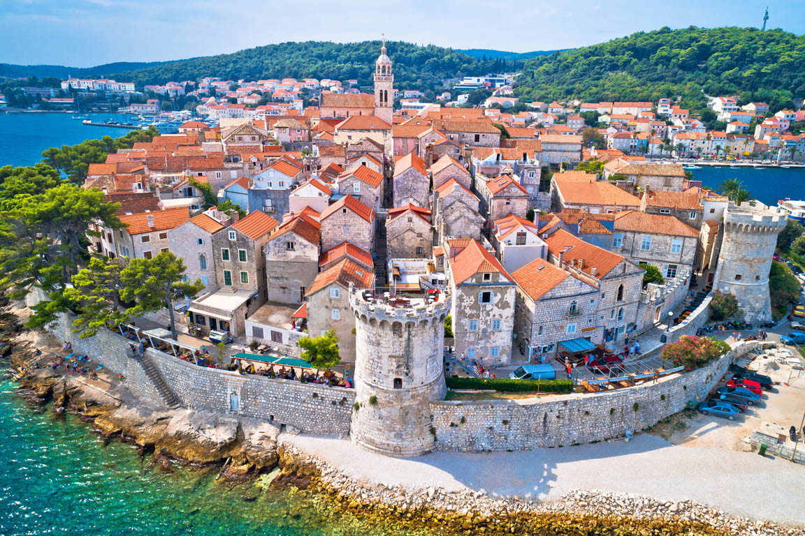 Korcula island. Historic town of Korcula aerial view, island in archipelago of southern Croatia