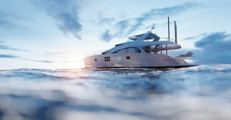 Catamaran motor yacht on the ocean at sunny day