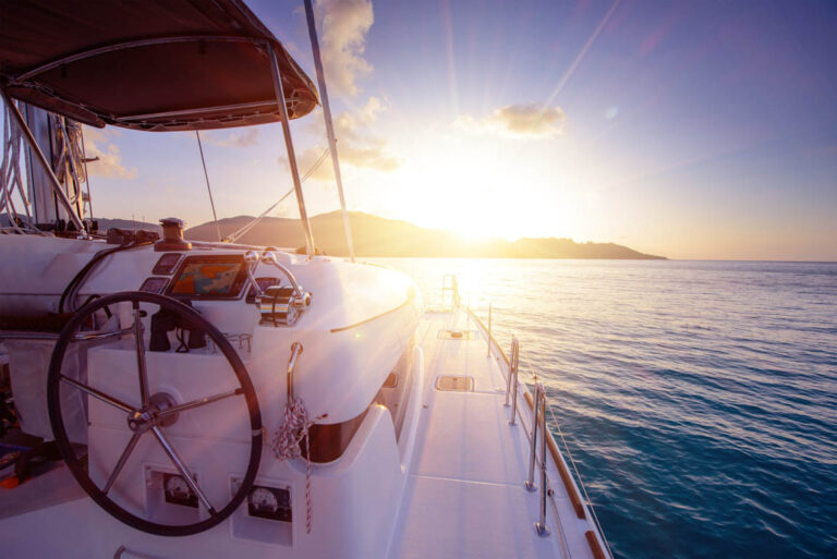 Catamaran close exterior at sunset